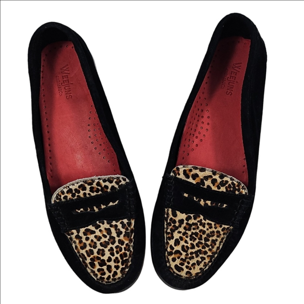 G.H. Bass Weejuns Suede Leather & Calf Hair Leopard Print Penny Loafer Flats